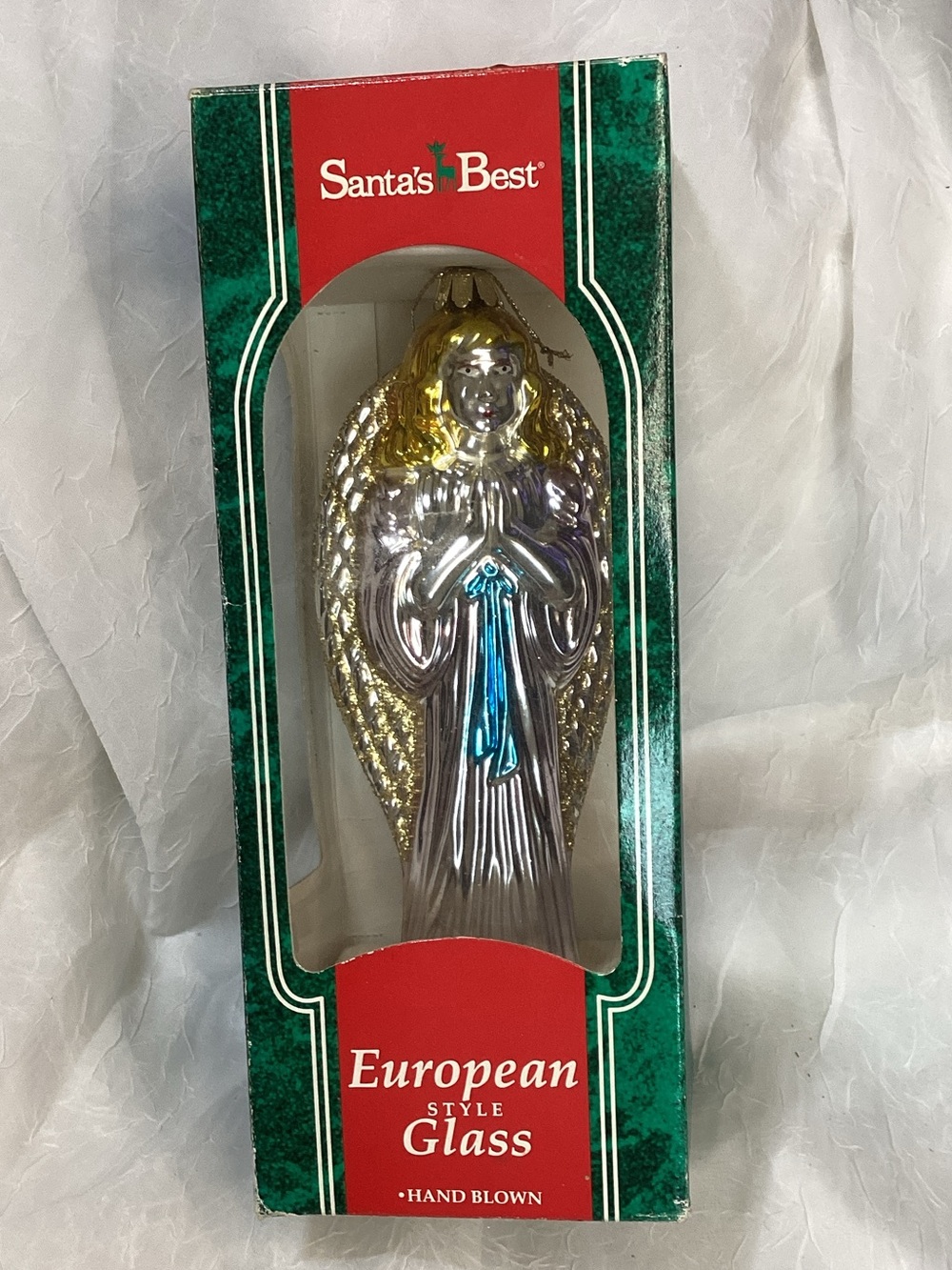 European Style Glass Hand Blown Angel Santa's Best Ornament 1995 Boxed